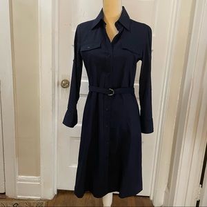 Theory Navy Linen Blue Shirt Dress Full Button Roll Up Sleeves
